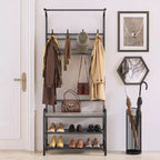 Porte-manteau d'entrée 4-en-1 autoportant avec banc de rangement pour chaussures, étagère à 3 niveaux, tringle de suspension et 8 crochets réglables pour entrée et chambre