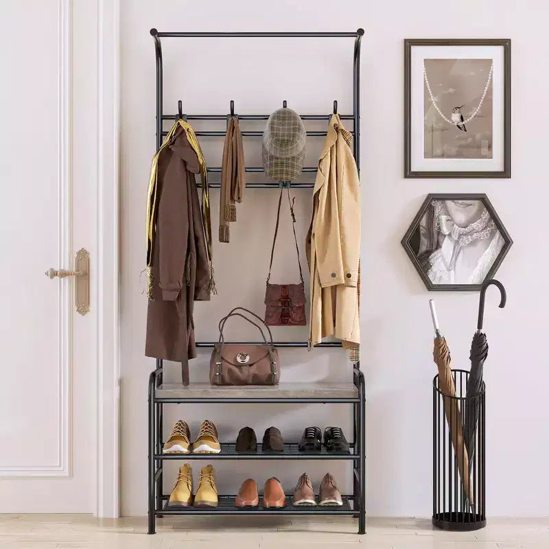 Porte-manteau d'entrée 4-en-1 autoportant avec banc de rangement pour chaussures, étagère à 3 niveaux, tringle de suspension et 8 crochets réglables pour entrée et chambre
