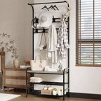 Porte-manteau d'entrée 4-en-1 autoportant avec banc de rangement pour chaussures, étagère à 3 niveaux, tringle de suspension et 8 crochets réglables pour entrée et chambre