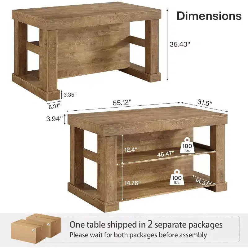 Îlot de cuisine de style campagnard Lantine 55 pouces avec rangement, table de bar centrale en bois à 3 niveaux avec grand comptoir pour cuisine, salle à manger, brun rustique