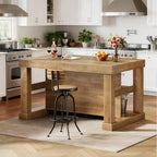 Îlot de cuisine de style campagnard Lantine 55 pouces avec rangement, table de bar centrale en bois à 3 niveaux avec grand comptoir pour cuisine, salle à manger, brun rustique