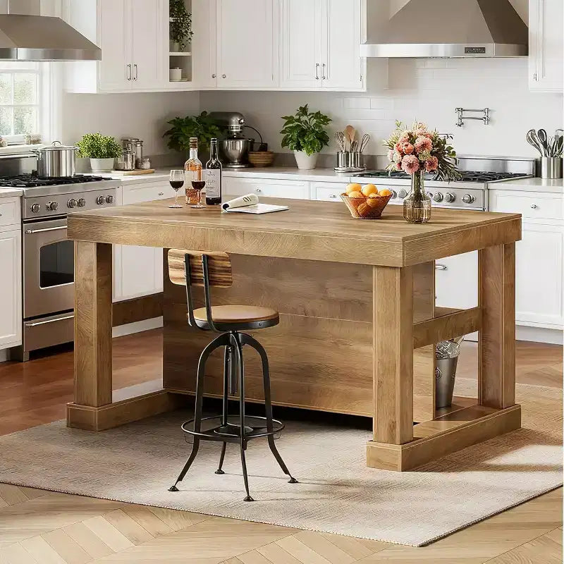 Îlot de cuisine de style campagnard Lantine 55 pouces avec rangement, table de bar centrale en bois à 3 niveaux avec grand comptoir pour cuisine, salle à manger, brun rustique