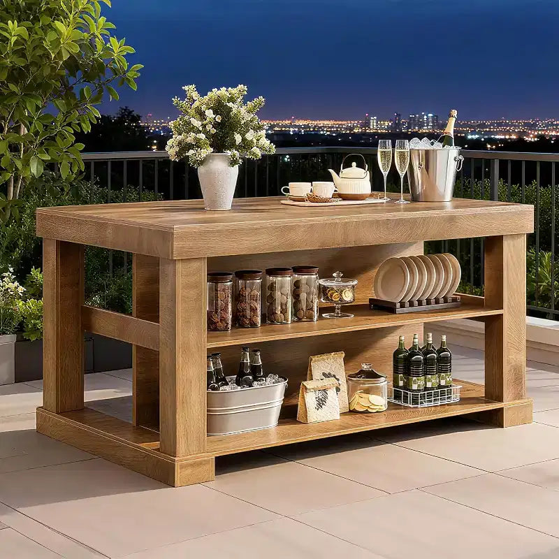 Îlot de cuisine de style campagnard Lantine 55 pouces avec rangement, table de bar centrale en bois à 3 niveaux avec grand comptoir pour cuisine, salle à manger, brun rustique
