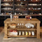 Îlot de cuisine de style campagnard Lantine 55 pouces avec rangement, table de bar centrale en bois à 3 niveaux avec grand comptoir pour cuisine, salle à manger, brun rustique