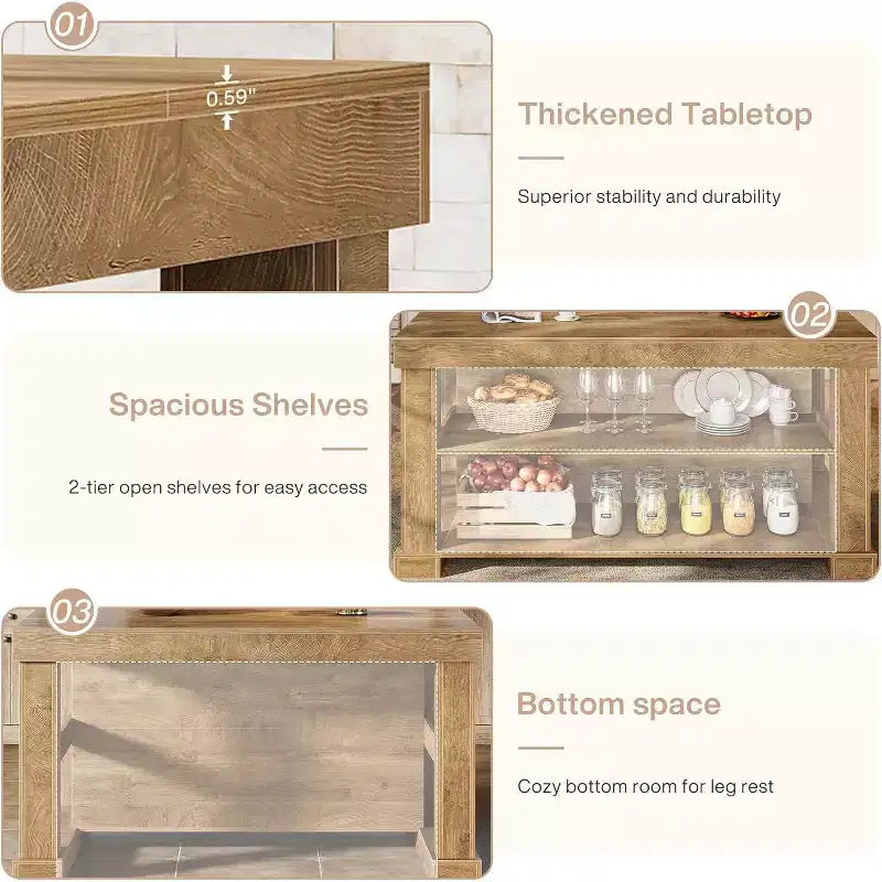 Îlot de cuisine de style campagnard Lantine 55 pouces avec rangement, table de bar centrale en bois à 3 niveaux avec grand comptoir pour cuisine, salle à manger, brun rustique