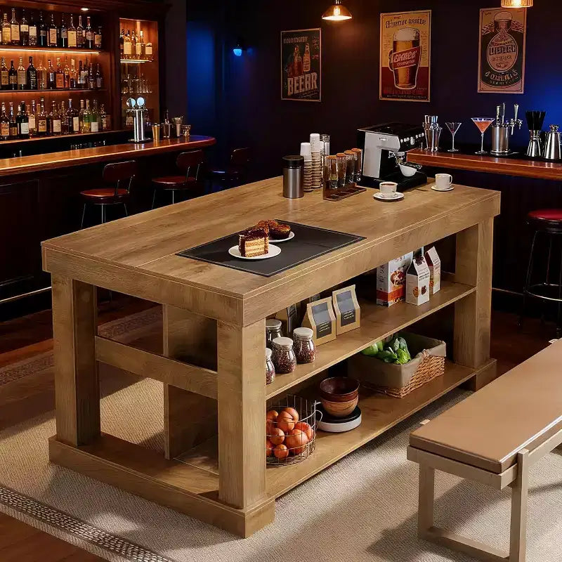 Îlot de cuisine de style campagnard Lantine 55 pouces avec rangement, table de bar centrale en bois à 3 niveaux avec grand comptoir pour cuisine, salle à manger, brun rustique