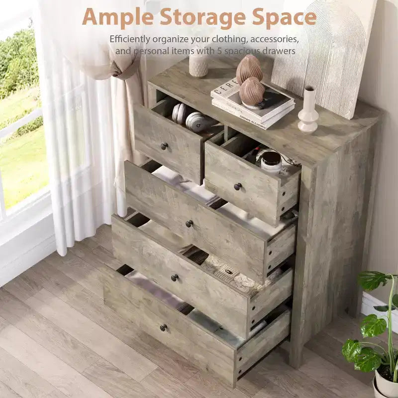 Commode 5 tiroirs - Meuble de rangement moderne en bois de 140 cm de haut avec dispositif anti-basculement pour chambre à coucher, salon, entrée, couloir et bureau à domicile