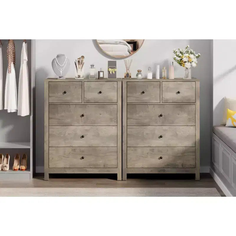 Commode 5 tiroirs - Meuble de rangement moderne en bois de 140 cm de haut avec dispositif anti-basculement pour chambre à coucher, salon, entrée, couloir et bureau à domicile