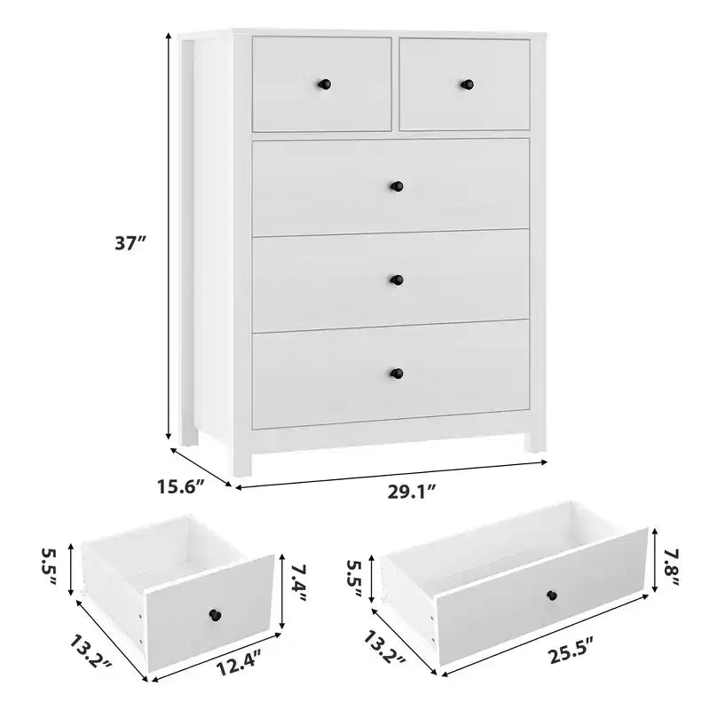 Commode 5 tiroirs - Meuble de rangement moderne en bois de 140 cm de haut avec dispositif anti-basculement pour chambre à coucher, salon, entrée, couloir et bureau à domicile