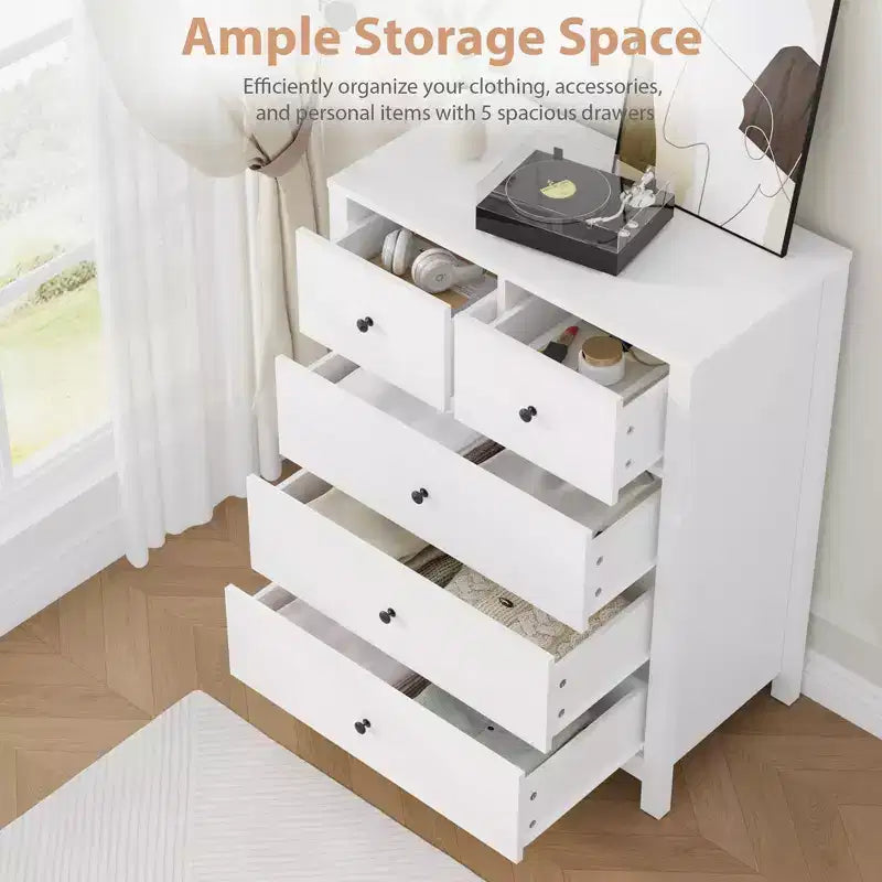 Commode 5 tiroirs - Meuble de rangement moderne en bois de 140 cm de haut avec dispositif anti-basculement pour chambre à coucher, salon, entrée, couloir et bureau à domicile