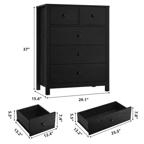 Commode 5 tiroirs - Meuble de rangement moderne en bois de 140 cm de haut avec dispositif anti-basculement pour chambre à coucher, salon, entrée, couloir et bureau à domicile