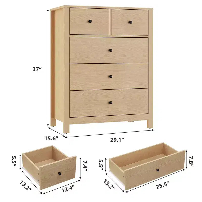 Commode 5 tiroirs - Meuble de rangement moderne en bois de 140 cm de haut avec dispositif anti-basculement pour chambre à coucher, salon, entrée, couloir et bureau à domicile