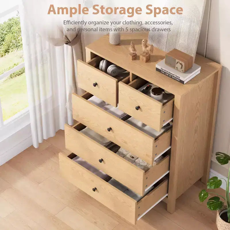 Commode 5 tiroirs - Meuble de rangement moderne en bois de 140 cm de haut avec dispositif anti-basculement pour chambre à coucher, salon, entrée, couloir et bureau à domicile