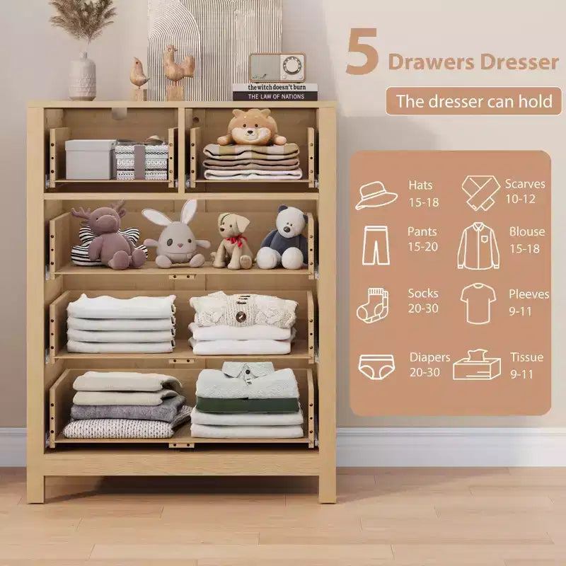 Commode 5 tiroirs - Meuble de rangement moderne en bois de 140 cm de haut avec dispositif anti-basculement pour chambre à coucher, salon, entrée, couloir et bureau à domicile