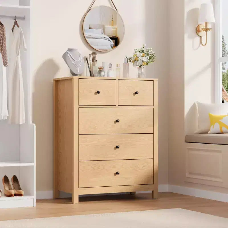 Commode 5 tiroirs - Meuble de rangement moderne en bois de 140 cm de haut avec dispositif anti-basculement pour chambre à coucher, salon, entrée, couloir et bureau à domicile