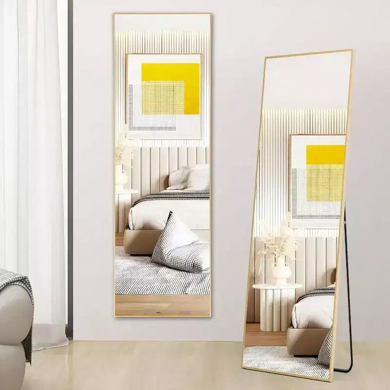Miroir intégral doré, 150x40 cm avec support. Cadre en aluminium pour fixation murale, incliné ou autoportant dans n'importe quelle pièce