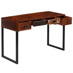 vidaXL Bureau d'ordinateur de bureau en bois de sheesham massif et cuir véritable - Marron foncé