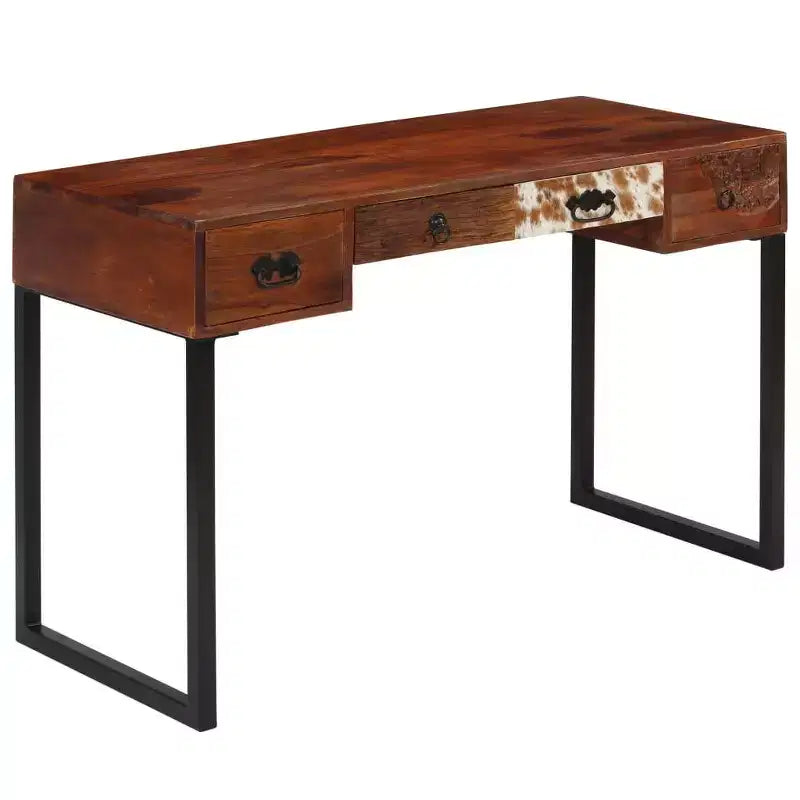 vidaXL Bureau d'ordinateur de bureau en bois de sheesham massif et cuir véritable - Marron foncé