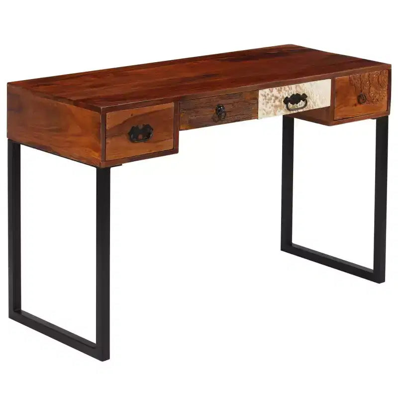 vidaXL Bureau d'ordinateur de bureau en bois de sheesham massif et cuir véritable - Marron foncé