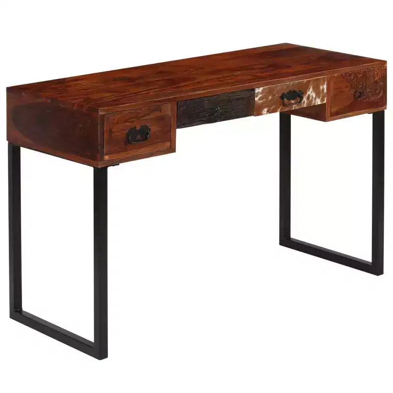 vidaXL Bureau d'ordinateur de bureau en bois de sheesham massif et cuir véritable - Marron foncé