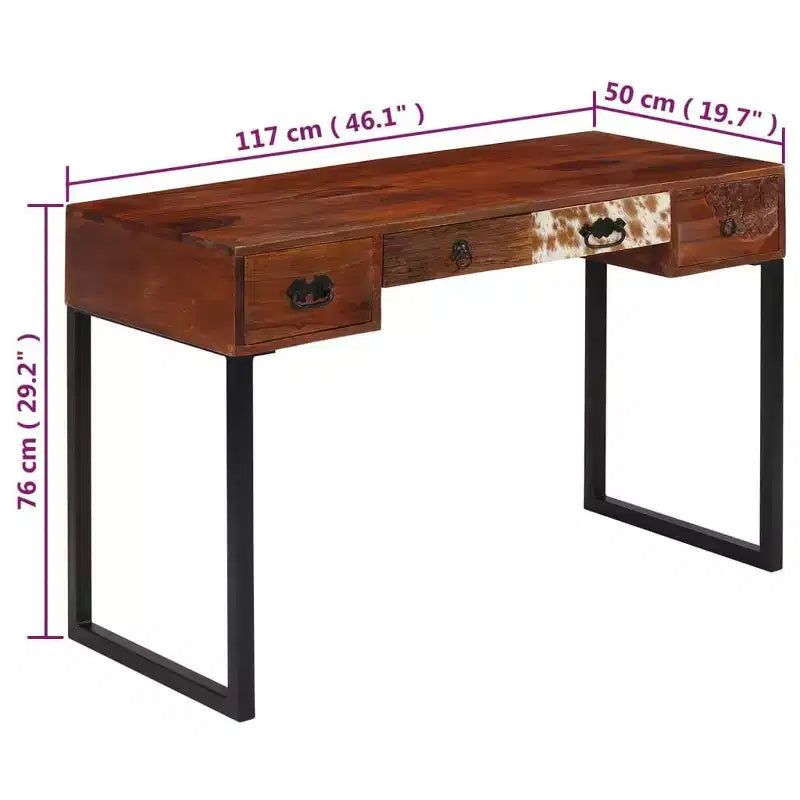 vidaXL Bureau d'ordinateur de bureau en bois de sheesham massif et cuir véritable - Marron foncé