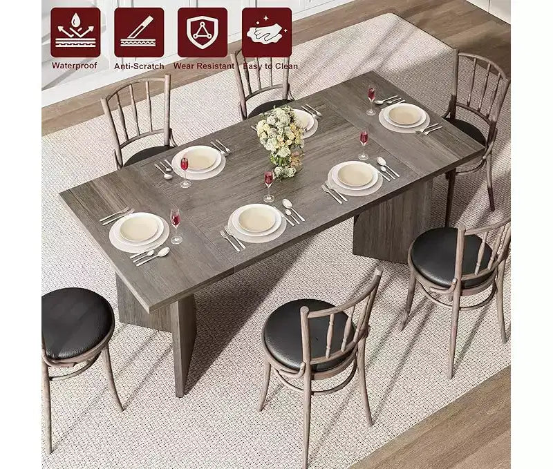 Table à manger rectangulaire de 180 cm pour 6-8 personnes, grande table de cuisine de style ferme, table de dîner en bois avec plateau épaissi et pieds plats robustes