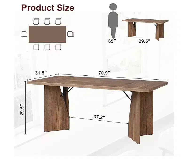 Table à manger rectangulaire de 180 cm pour 6-8 personnes, grande table de cuisine de style ferme, table de dîner en bois avec plateau épaissi et pieds plats robustes
