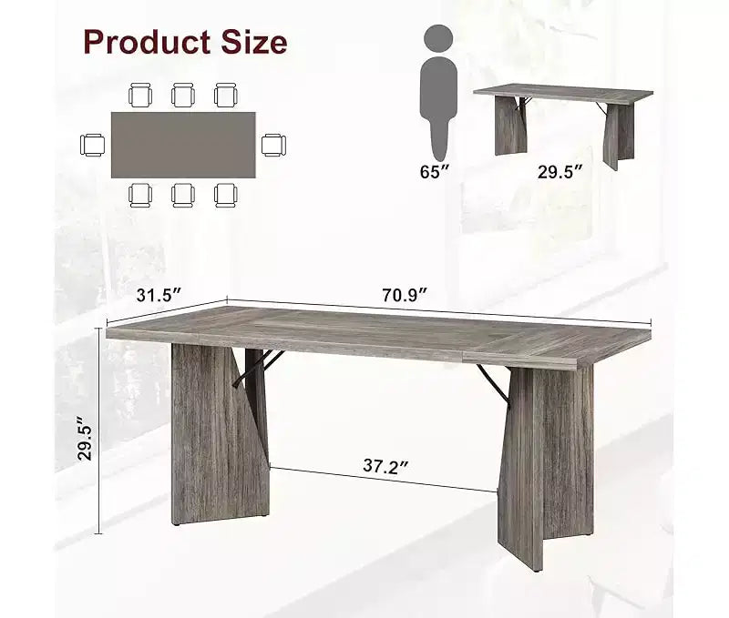 Table à manger rectangulaire de 180 cm pour 6-8 personnes, grande table de cuisine de style ferme, table de dîner en bois avec plateau épaissi et pieds plats robustes