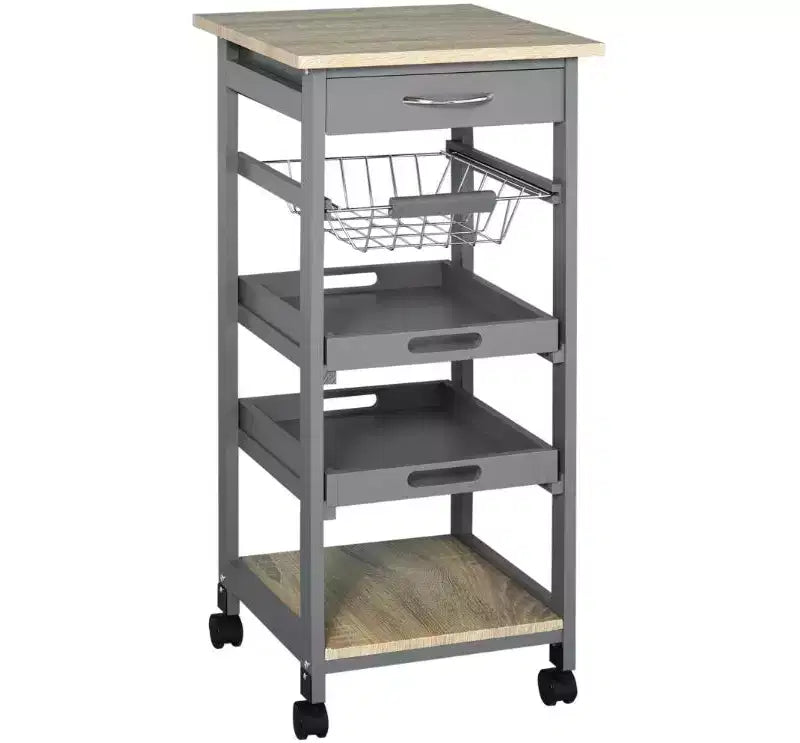MDF Mobile Kitchen Island Cart with Drawer & Pull-Out Wire Basket - Gray (As Shown)