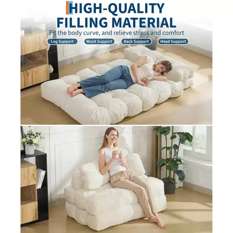 COZONY Canapé-lit pliant 3 en 1, chaise de sol pliable avec oreiller, futon de sol en velours côtelé, lit pliant en mousse déchiquetée pour salon/chambre à coucher