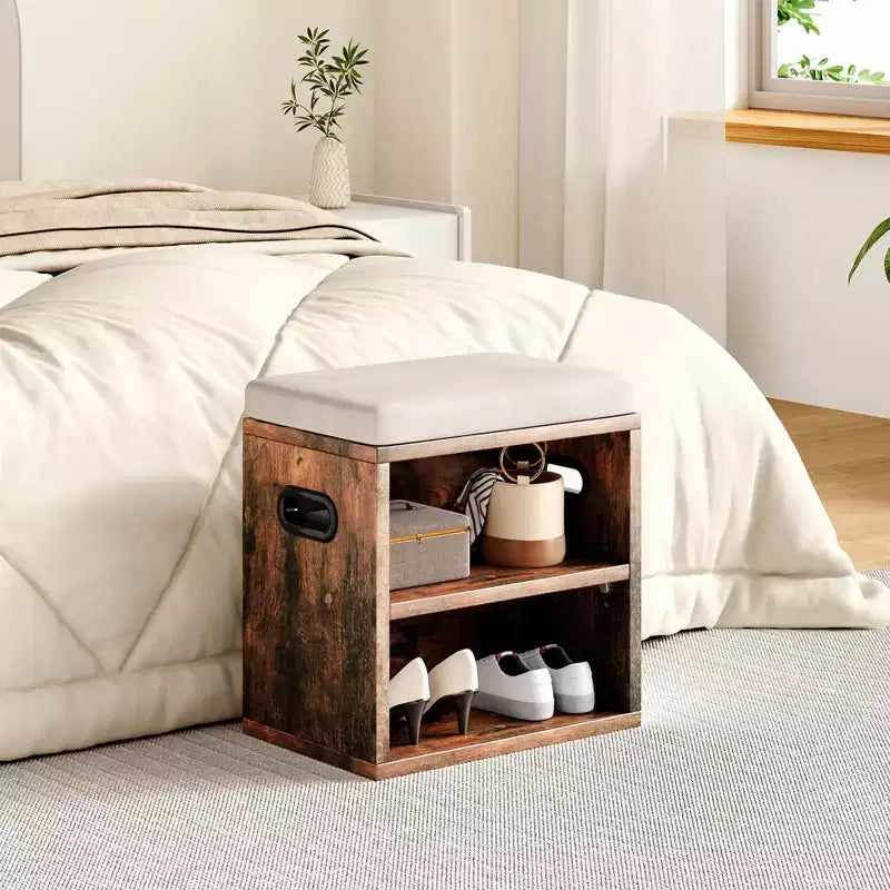 Banc de rangement pour chaussures Okak moderne avec cadre en bois et siège rembourré doux, petit banc d'appoint pour l'entrée, la chambre