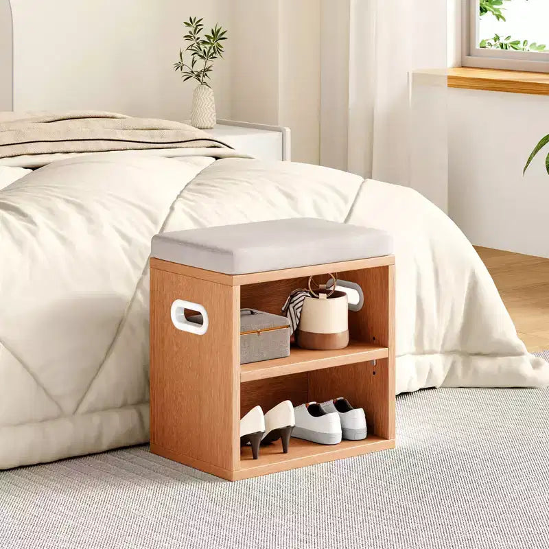 Banc de rangement pour chaussures Okak moderne avec cadre en bois et siège rembourré doux, petit banc d'appoint pour l'entrée, la chambre