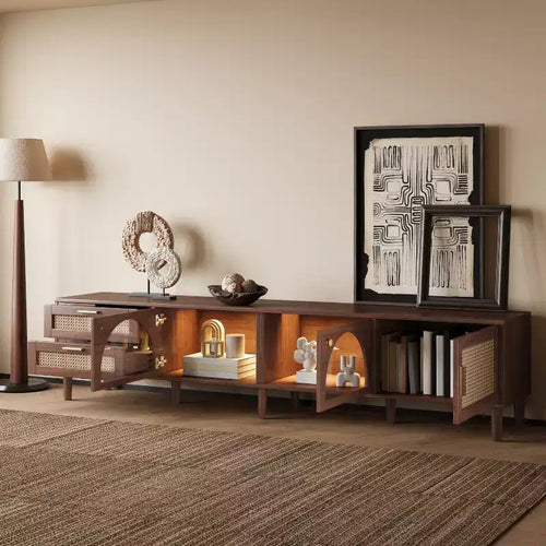 Meuble TV de 86 po pour téléviseurs jusqu'à 90 po, console TV de centre de divertissement moderne avec lumières LED contrôlées par application, marron foncé - ModernLuxe