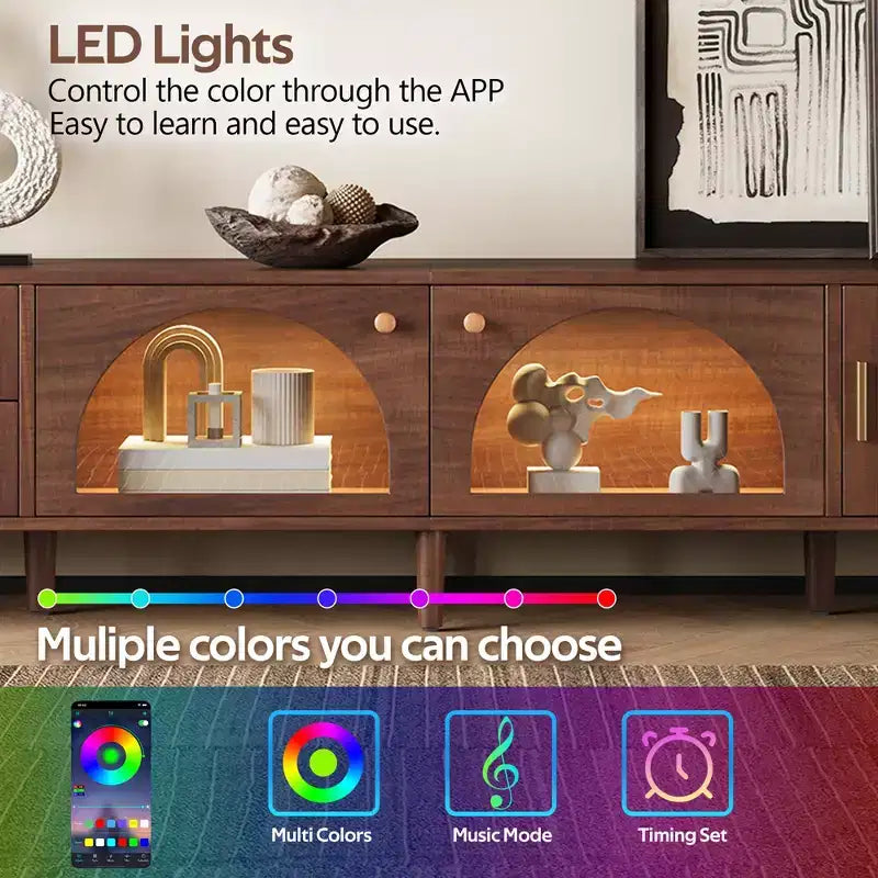 Meuble TV de 86 po pour téléviseurs jusqu'à 90 po, console TV de centre de divertissement moderne avec lumières LED contrôlées par application, marron foncé - ModernLuxe
