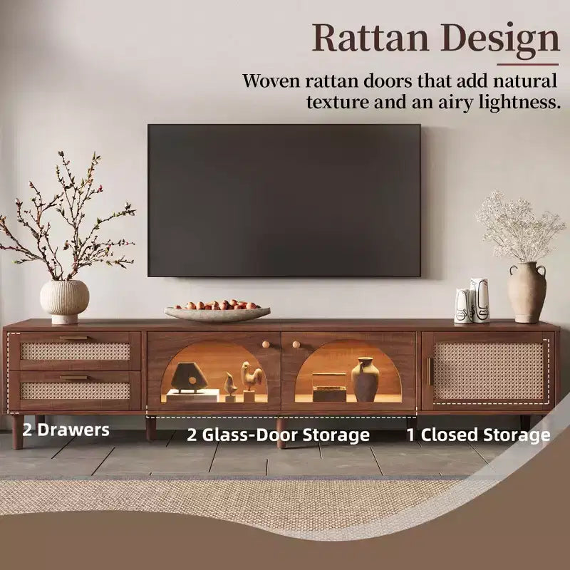 Meuble TV de 86 po pour téléviseurs jusqu'à 90 po, console TV de centre de divertissement moderne avec lumières LED contrôlées par application, marron foncé - ModernLuxe