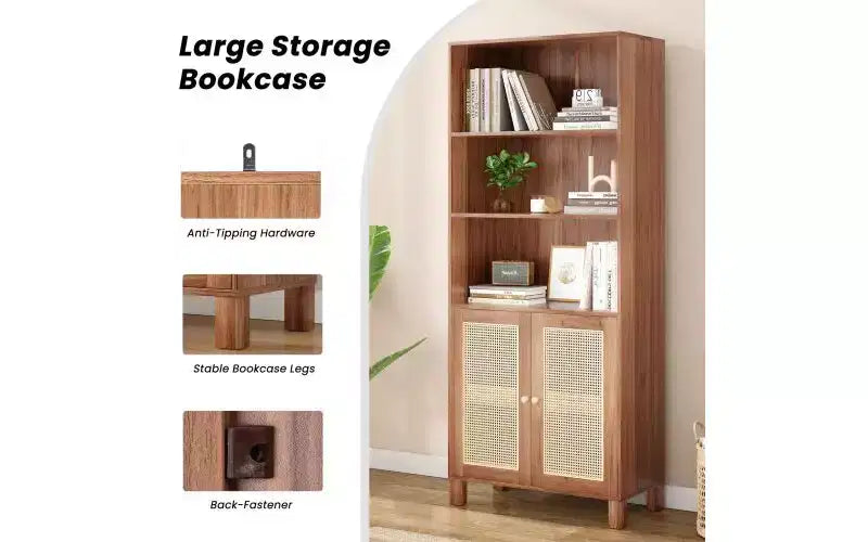 TUYOHW Étagère haute de ferme à 5 niveaux, bibliothèque de rangement multifonction avec portes en rotin, étagères de présentation pour chambre à coucher, salon