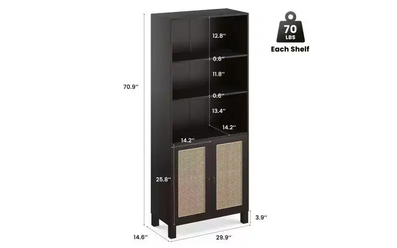 TUYOHW Étagère haute de ferme à 5 niveaux, bibliothèque de rangement multifonction avec portes en rotin, étagères de présentation pour chambre à coucher, salon