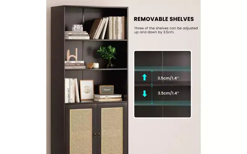TUYOHW Étagère haute de ferme à 5 niveaux, bibliothèque de rangement multifonction avec portes en rotin, étagères de présentation pour chambre à coucher, salon