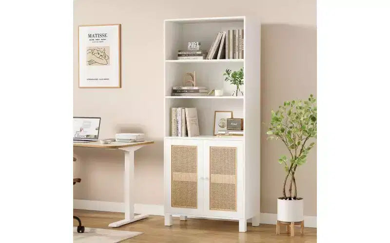 TUYOHW Étagère haute de ferme à 5 niveaux, bibliothèque de rangement multifonction avec portes en rotin, étagères de présentation pour chambre à coucher, salon