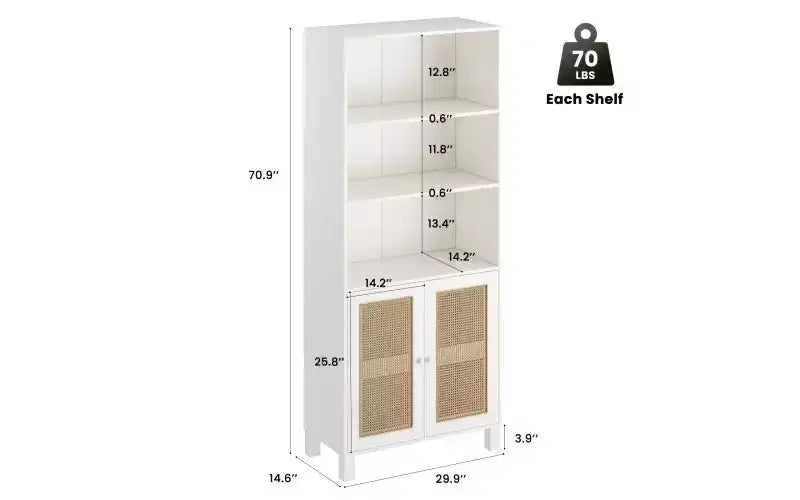 TUYOHW Étagère haute de ferme à 5 niveaux, bibliothèque de rangement multifonction avec portes en rotin, étagères de présentation pour chambre à coucher, salon