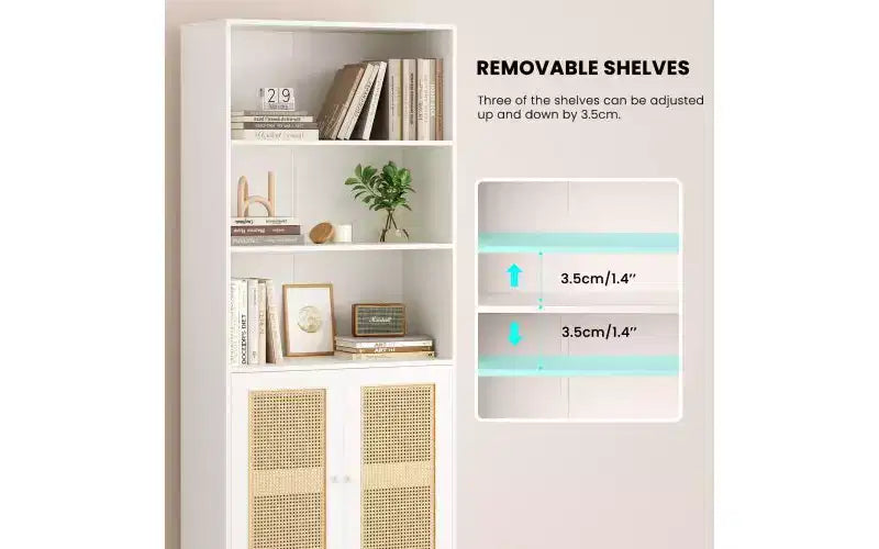 TUYOHW Étagère haute de ferme à 5 niveaux, bibliothèque de rangement multifonction avec portes en rotin, étagères de présentation pour chambre à coucher, salon