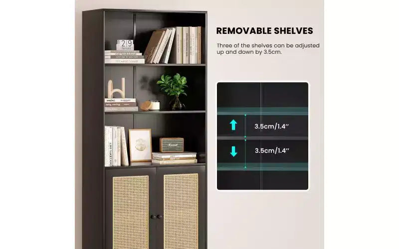 TUYOHW Étagère haute de ferme à 5 niveaux, bibliothèque de rangement multifonction avec portes en rotin, étagères de présentation pour chambre à coucher, salon