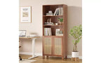 TUYOHW Étagère haute de ferme à 5 niveaux, bibliothèque de rangement multifonction avec portes en rotin, étagères de présentation pour chambre à coucher, salon