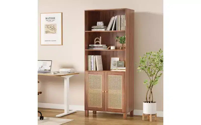 TUYOHW Étagère haute de ferme à 5 niveaux, bibliothèque de rangement multifonction avec portes en rotin, étagères de présentation pour chambre à coucher, salon