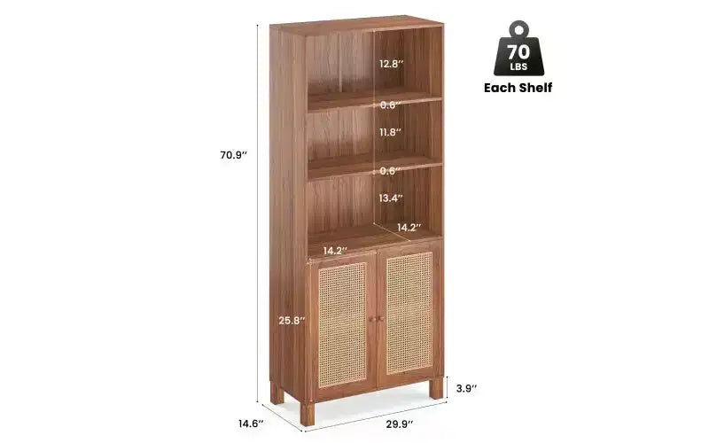 TUYOHW Étagère haute de ferme à 5 niveaux, bibliothèque de rangement multifonction avec portes en rotin, étagères de présentation pour chambre à coucher, salon