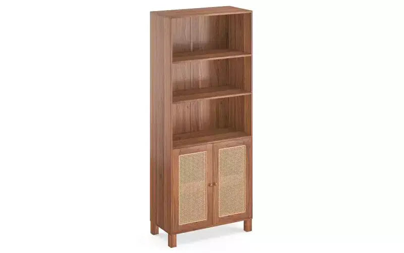TUYOHW Étagère haute de ferme à 5 niveaux, bibliothèque de rangement multifonction avec portes en rotin, étagères de présentation pour chambre à coucher, salon
