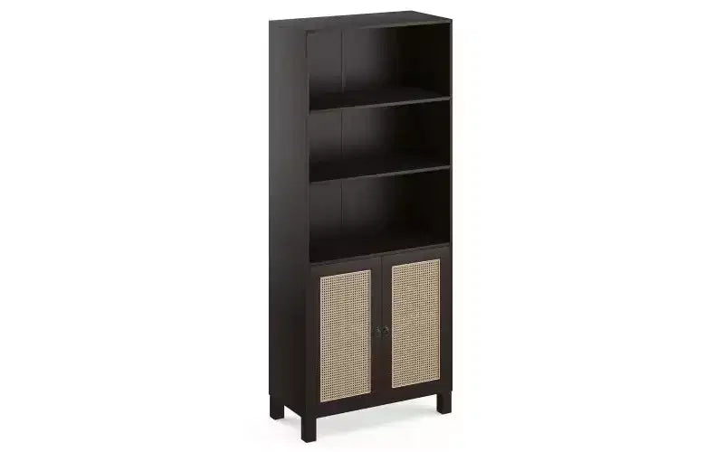 TUYOHW Étagère haute de ferme à 5 niveaux, bibliothèque de rangement multifonction avec portes en rotin, étagères de présentation pour chambre à coucher, salon