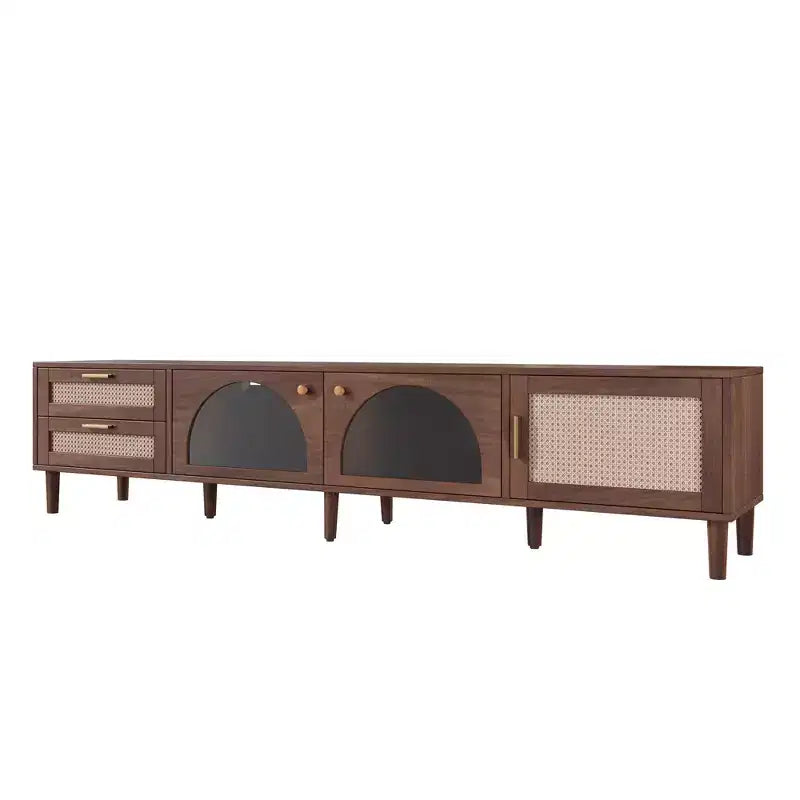 Meuble TV JVNOXK Modern Media Entertainment de 86 pouces, compatible avec les téléviseurs de moins de 90 pouces, avec 2 tiroirs et des compartiments de rangement avec portes vitrées - Marron