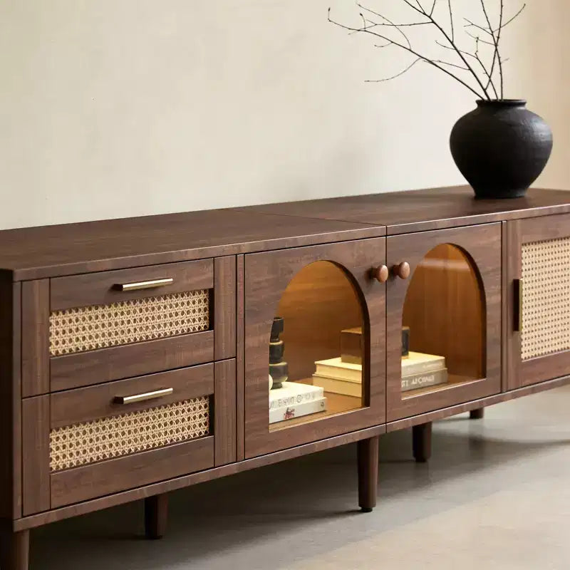 Meuble TV JVNOXK Modern Media Entertainment de 86 pouces, compatible avec les téléviseurs de moins de 90 pouces, avec 2 tiroirs et des compartiments de rangement avec portes vitrées - Marron