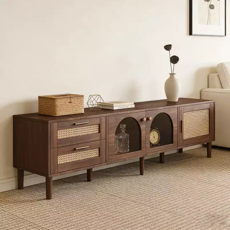 Meuble TV JVNOXK Modern Media Entertainment de 86 pouces, compatible avec les téléviseurs de moins de 90 pouces, avec 2 tiroirs et des compartiments de rangement avec portes vitrées - Marron